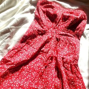 White Flowerd Red Strappless Dress